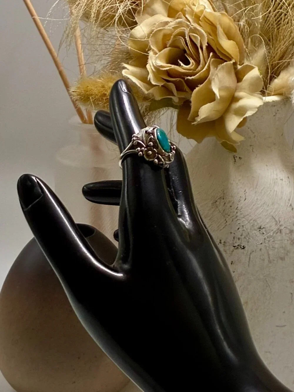Vintage Handmade Navajo Sterling Silver Genuine Turquoise Feather Statement Ring